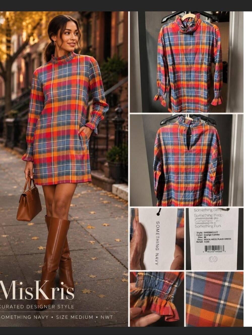 Something Navy Orange Plaid Long-Sleeve Shift Dress